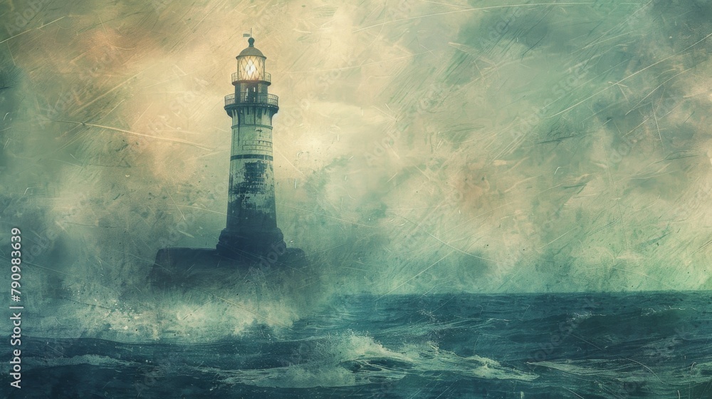 A vintage lighthouse standing tall against stormy seas, guiding ships safely through treacherous waters with its beacon of light.