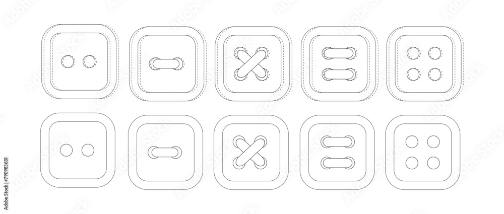 Set of white square buttons. Button with two and four holes. Sewn buttons. Sewing decor, elements.eps Set of white square buttons. Button with two and four holes. Sewn buttons. Sewing decor, elements.eps