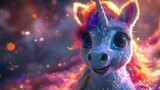 Colorful cartoon unicorn face with twinkling eyes and vibrant mane