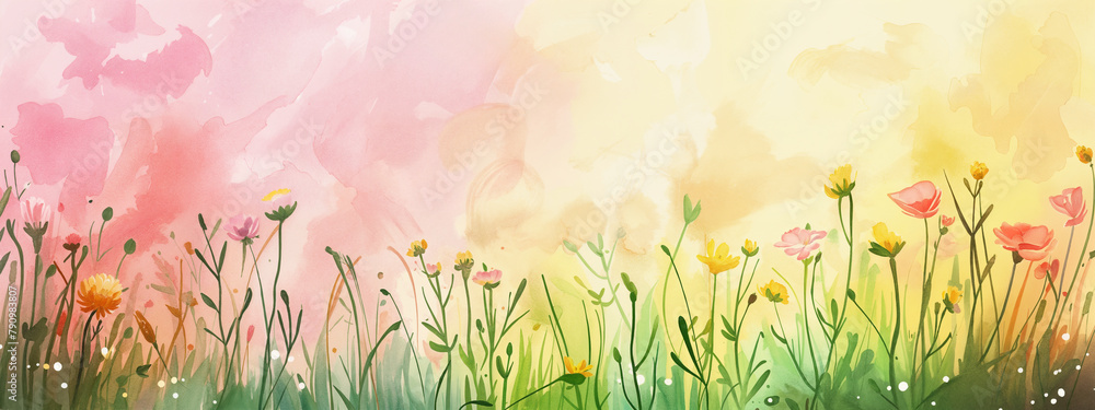 Meadow with Red Flowers over Sunset Sky, Nature Illustration Background, Backdrop, Poster, Template for Greeting Card, Banner Summertime Composition with Copy Space, Summer Vibe Concept