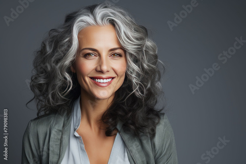  a beautiful woman with gray hair happy and smiling