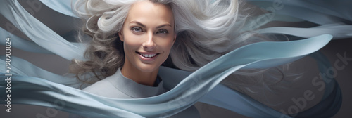  a beautiful woman with gray hair happy and smiling. banner