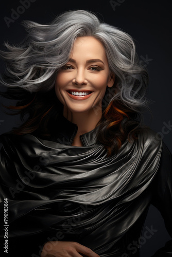  a beautiful woman with gray hair happy and smiling