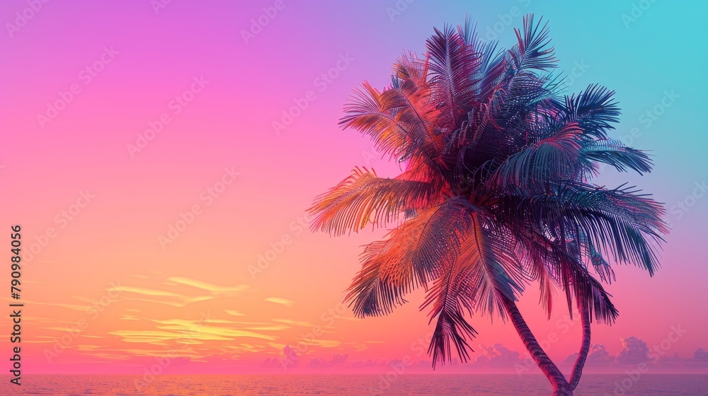 Spectacular view of a vivid sunset with a silhouette of a coconut tree against a colorful sky