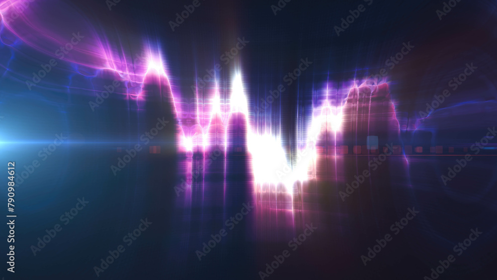 Purple energy glowing magical musical dancing equalizer made from waves and electric charges lightning high-tech digital lines and energy particles. Abstract background Purple energy glowing magical musical dancing equalizer made from waves and electric charges lightning high-tech digital lines and energy particles. Abstract background