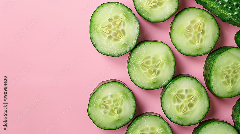 A close up bright green cucumber slices on a pink background, flat lay, top view, copy space. A close up bright green cucumber slices on a pink background, flat lay, top view, copy space.