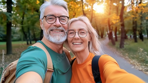 Wonderful sincere cheerful couple of gray haired mature smiling people taking selfie portrait on phone. Today's active retirees are enjoying life. A man with a gray beard and a woman in glasses.