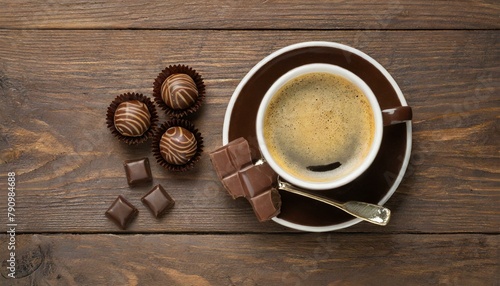 a cup of coffee with chocolates on a brown wooden table