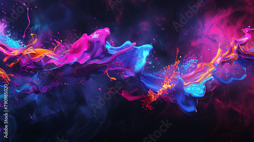 A futuristic abstract scene with neon paint splashes against a dark, matte background. 