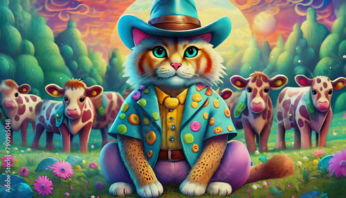 oil painting style cartoon character multicolored cat in a cowboy suit sits among the cows in a pasture at sun