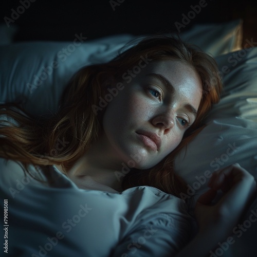 Nighttime Serenity A peaceful scene of a longhaired woman lying in bed, with a serene expression, ready to drift off to sleep 8K , high-resolution, ultra HD,up32K HD