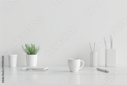 Minimalist white desk with potted plant  office supplies  and coffee cup for elegant workspace