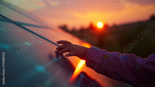 Close-up of child's hand touching a solar panel at sunset. 