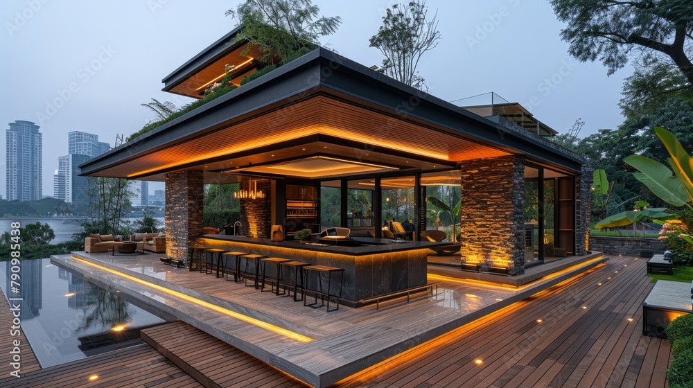 Stone bar, against the backdrop of teak flooring and the evening sky