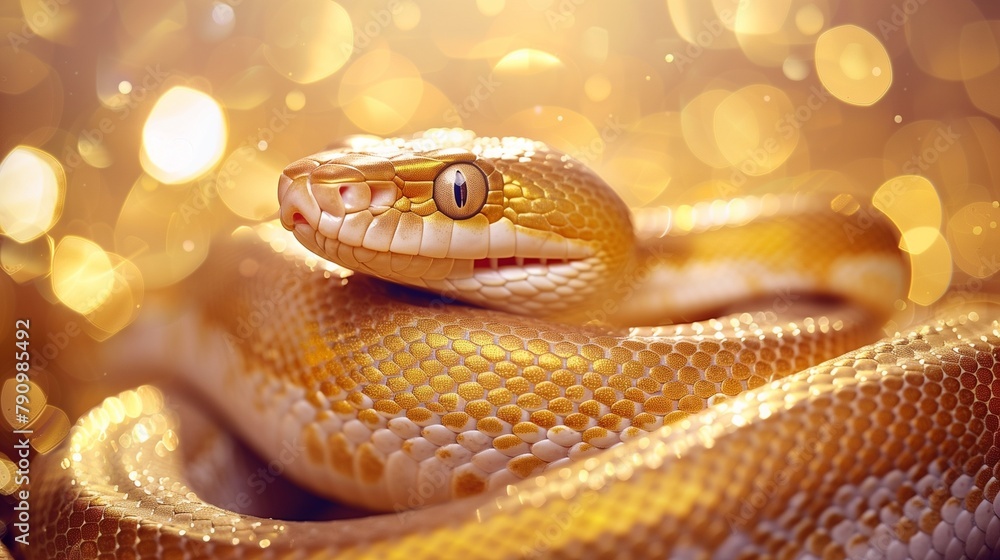 Fototapeta premium Close up golden snake with shiny scales, symbol of new 2025 year, horizontal greeting card template.