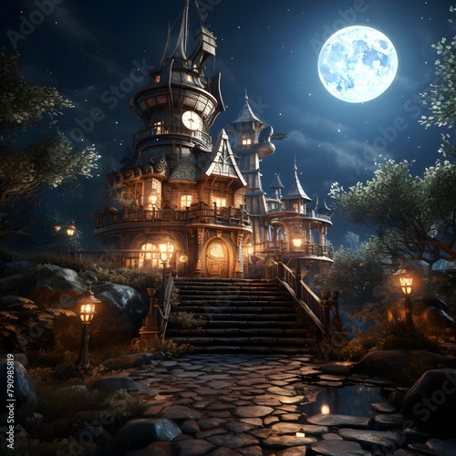 Fairy tale castle in the forest at night. 3d rendering