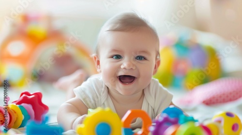 Adorable baby giggling while playing with colorful toys, their innocent joy captured in a heartwarming moment.