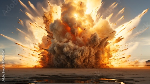 Explosion erupts, swirling sand and smoke. Dramatic background sky heightens the scene. photo