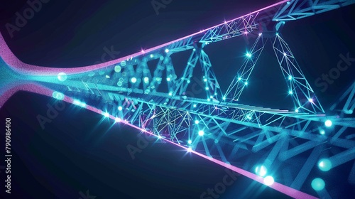 A low poly neon bridge stretching across a digital divide, its glowing path representing the connections forged by futuristic communication technologies.