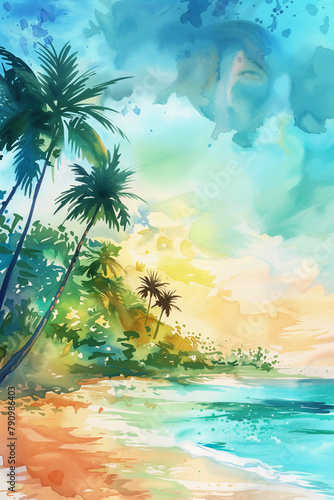 Palm Tree on Tropical Sandy Beach  Summer paradise  Seascape  Vacation  Resort  Travel  Nature  Summertime Composition with Copy Space  Summer Vibe Concept  Backdrop  Poster  Card