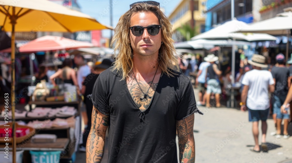 Black Tshirt mockup, featuring a rebel look male model