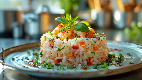 Rice with seafood and vegetables in the luxurious style of Michelin cuisine