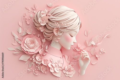 woman body with pink floral elements on solid color background