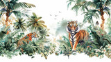 Giungla acquerello, illustrazione tropicale. Sfondo floreale tropicale con palme, piante, animali selvatici tigre, uccelli. Carta da parati della giungla esotica per stanza  bambini, sfondo bianco