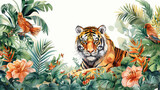Giungla acquerello, illustrazione tropicale. Sfondo floreale tropicale con palme, piante, animali selvatici tigre, uccelli. Carta da parati della giungla esotica per stanza  bambini, sfondo verde