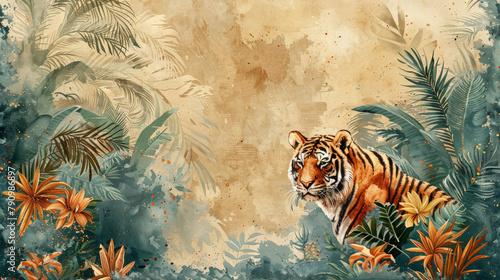 Giungla acquerello, illustrazione tropicale. Sfondo floreale tropicale con palme, piante, animali selvatici tigre, uccelli. Carta da parati della giungla esotica per stanza  bambini, sfondo beige photo