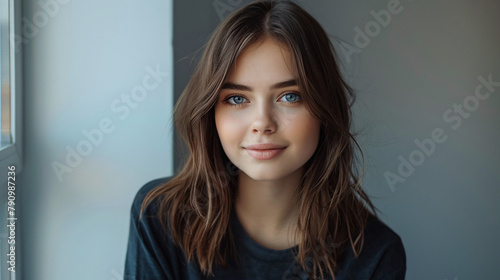 Young woman's emotional face on a simple background. An amazing portrait of youthfulness and elegance. photo