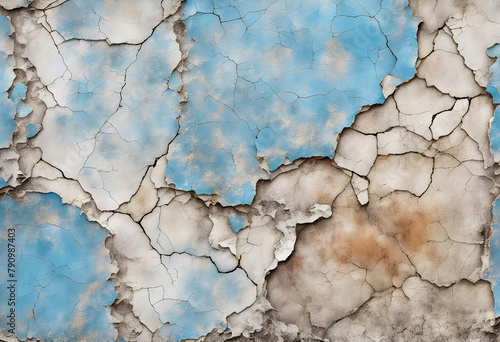 Blue and gray peeling paint on the wall. Concrete wall with old cracked flaking paint. Grunge texture for wide panoramic background