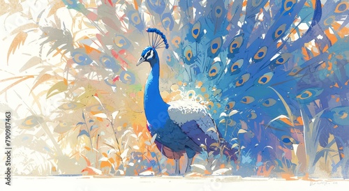 A beautiful peacock in full body against a white background.