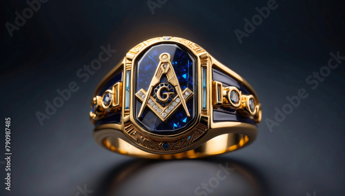 A gold ring with a Masonic logo on it