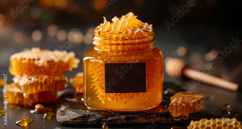 Jar of organic honey with honeycombs. Mockup. Label for text