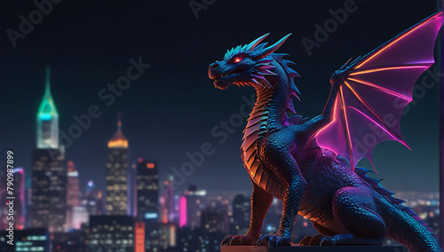 A synthwave dragon in a neon-lit cityscape: sleek, metallic, with holographic scales and neon eyes. High fashion photo captures its ethereal beauty. sky