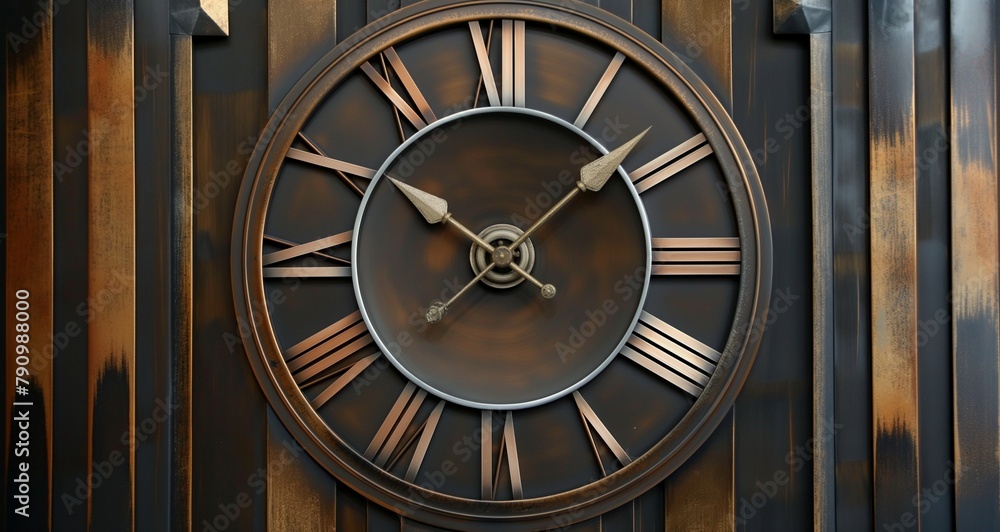 Art Deco clock tower with bold Roman numerals and metallic finish