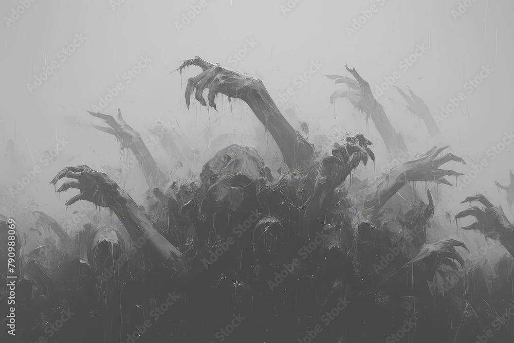 A black and white foggy background with many hands reaching out from the mist in the style of horror and spooky - obrazy, fototapety, plakaty 