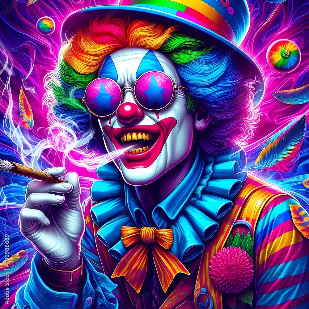 Digital art of a psychedelic clown with sunglasses smoking a blunt