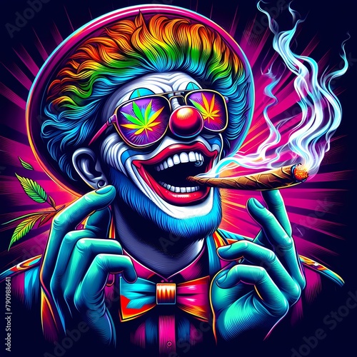 Digital art of a psychedelic clown with sunglasses smoking a blunt photo