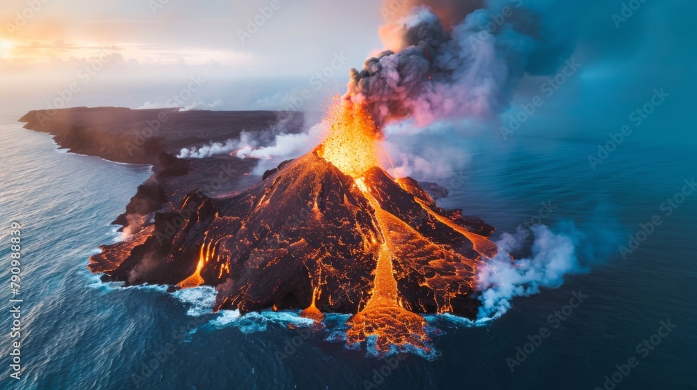 Aerial view of a volcanic island emerging from the sea as a new ...