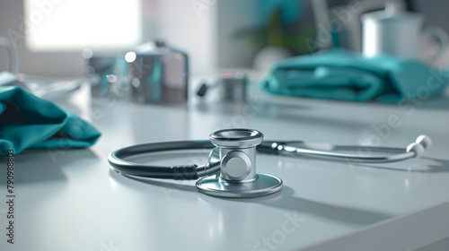 A stethoscope lies on a glossy surface with a blue medical uniform in the background.