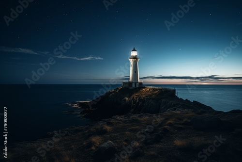 A Majestic Public Lighthouse Towering Over the Ocean, Illuminating the Night Sky with Its Powerful Beacon