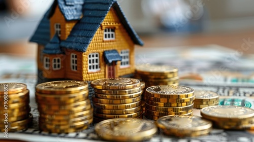 Small toy house and stacks of coins depicting social class stratification, real estate purchase