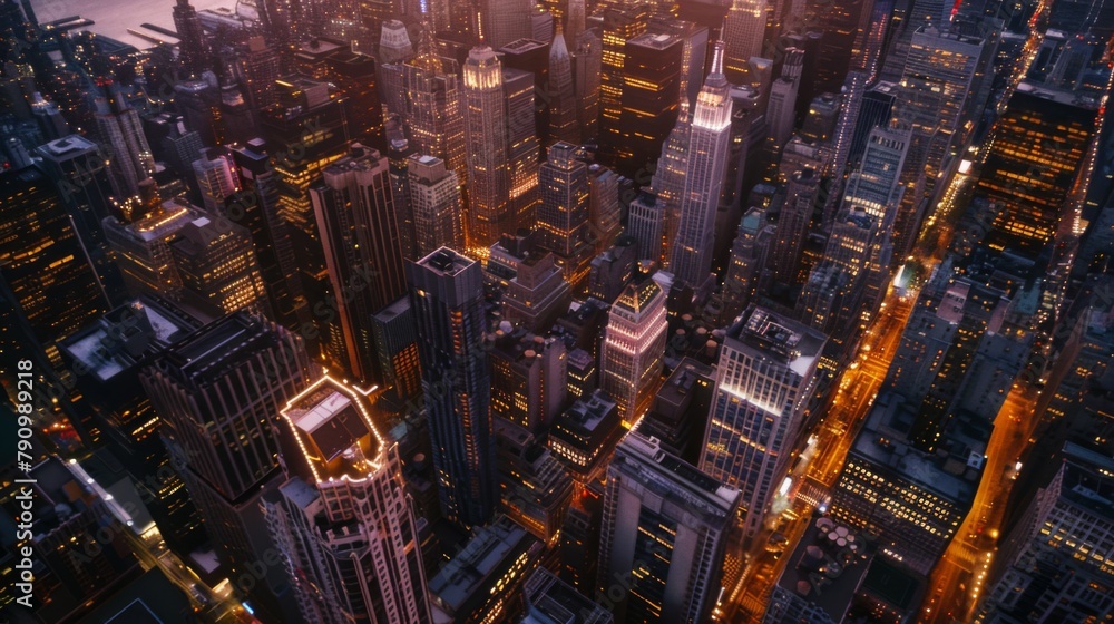 An aerial view of a bustling metropolis with skyscrapers aglow in the evening, showcasing the beauty of city lights from above. An aerial view of a bustling metropolis with skyscrapers aglow in the evening, showcasing the beauty of city lights from above.
