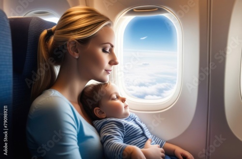 A child sleeps in his mother's arms on an airplane during a flight, travel © Olga
