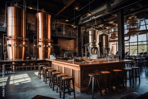 A Modern Brewery with a Rustic Tasting Room, Featuring Exposed Brick Walls, Wooden Barrels, and Industrial Lighting