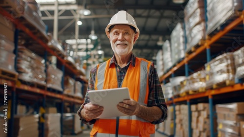 Senior Warehouse Worker with Tablet.