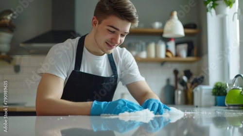 A Smiling Man Cleaning Kitchen photo