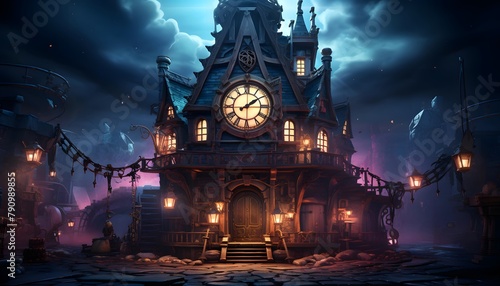 Illustration of a haunted house in the dark with a big clock